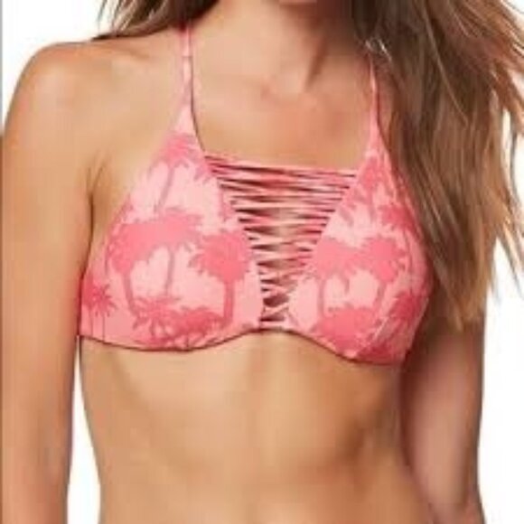 O'NEILL Womens Bikini Top XSmall Swim Coral Pink‎ Palm Tree Tropical Coastal - Picture 1 of 10